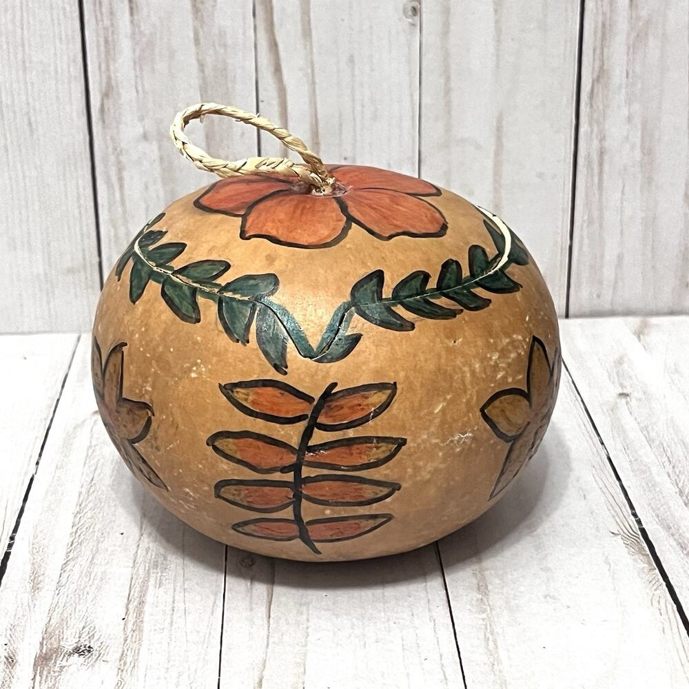 Vintage Boho Folk Art Hand Painted Gourd with Lid